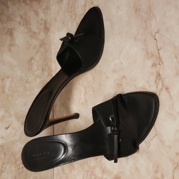Gucci black canvas monogram open toe with bow mules high heel stiletto size 8.5 - Picture 1 of 9